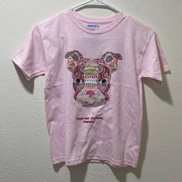 Pink Short Sleeve Tee With Colorful Dog Design Playa Del Carmen México Print - Picture 2 of 7